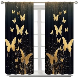 Black Gold Butterfly Curtains,Retro Luxury Shining Stars Fly Rod Pocket Decor Window Treatments for Women Girls Bedroom Living Room Restaurant Cafe Office Kitchen Drapes 41" W X 45" L