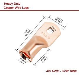 16Pcs 4/0 AWG 5/16" Stud Heavy Duty Copper Wire Lugs with 16Pcs Heat Shrink Tubing 4/0 Gauge Copper Ring Terminals Battery Cable Ends Bare Copper Eyelets Tubular Ring Terminal for Car Boat Marine
