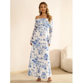 KUTUMAI Women Off Shoulder Bodycon Maxi Dress Long Sleeve Mesh Ruched Party Formal Wedding Guest Dresses Blue Floral S