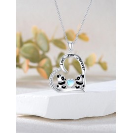 Shusukue Panda Necklace for Girls 925 Sterling Silver Love Heart Panda Pendant with Moonstone Love You Forever Necklace Animal Jewelry Panda Gift for Women Wife (with Gift Box)