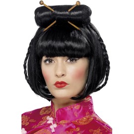 Smiffys Oriental Lady Wig, Black Mid Length with Chopsticks, Around The World Fancy Dress, Adult Dress Up Wigs