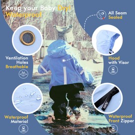 HAPIU Kids Toddler Rain Suit Muddy Buddy Waterproof Coverall,Blue,2T,Upgraded
