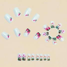 Uñas postizas cortas acrílicas con estampado de tulipanes y rosas, de cobertura total, para mujer, brillantes, reutilizables, con diseño floral. Kit d