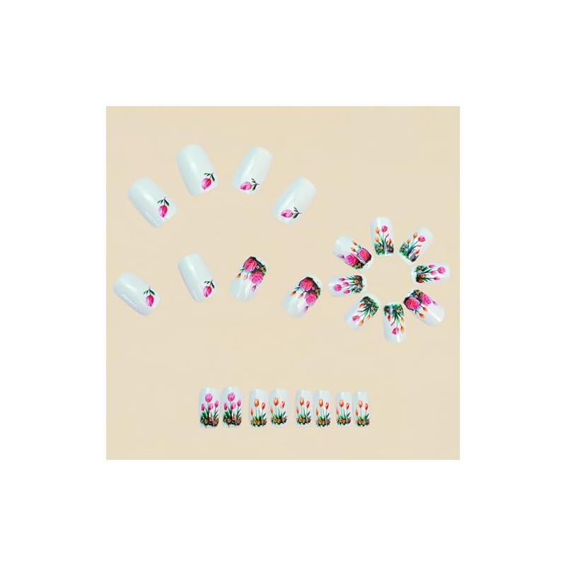 Uñas postizas cortas acrílicas con estampado de tulipanes y rosas,
