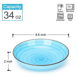 KitchenTour Large Pasta Bowls 34 oz, Ceramic Salad Serving Bowls Set of 6, 8.6 Inch Wide and Shallow for Soup- Dishwasher and Microwave Safe, Assorted Cool Colors