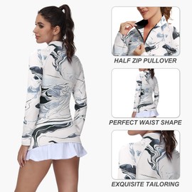 GGOV Golf Shirts for Woman UPF 50+ Sun Protection Quick Dry Lightweight Long Sleeve Polo Shirts for Woman Rash Guard, White Ink-wash Painting, Medium