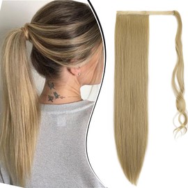 Dcbaboo Ponytail Extension Ponytail Hairpiece Braid Extensions Straight Long 60 cm Wrapped Ponytail Hair Extension Clip in Synthetic Fake Braid Extension Straight Hair Extension, Sandy Blonde