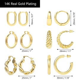 14K Gold Plated Hoop Earrings 6 Pairs Gold Hoop Earrings Set Gold Chunky Hoop Earrings Gold Hoop Earring Pack Non Tarnish Gold Hoops Hypoallergenic for Women