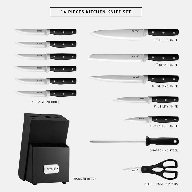 hecef Kitchen Knife Block Set, 14 Pieces Knife Set with