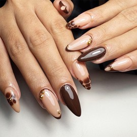 Fall Press on Nails Medium Almond Fake Nails Brown French Tip False Nail with Leopard print Gold Beads Flower Designs French Tip Nails Reusable Acrylic Nail Autumn Glue on nails for Women 24Pcs