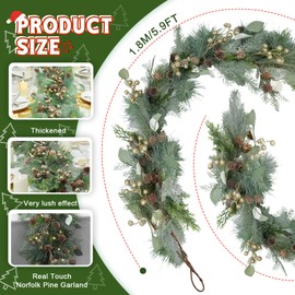 Christmas Garland with Lights,Flocked Garland Decorated with Gold Berry,Pinecone, Artificial Pine Garland for Mantle,Table,Stair Handrail,Indoor,Outdoor Christmas Decorations(5.9FT)