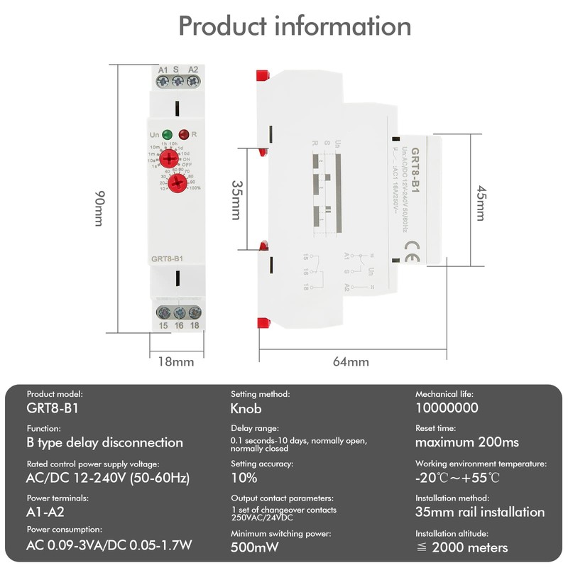 Jadeshay GRT8-B1 Mini Power Off Delay Time Relay, 12-240V AC/DC