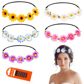 Kiiwah Pack of 5 Multicoloured Daisy Flower Wreath Headband, Women's Girls Floral Garland Headbands Headband for Festival Wedding Birthday Beach Party