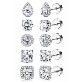 Kakonia 5 Pairs Stud Earrings for Women Silver Ear Studs Hypoallergenic Surgical Steel Flat Back Cartilage Helix Earrings Studs Cubic Zirconia Small Diamond Earrings for Women Men 20G