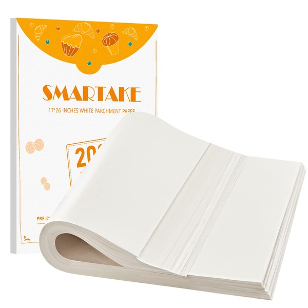 SMARTAKE 200 Pcs Parchment Paper Baking Sheets, 17x26 Inch Non-Stick Precut Baking Parchment, Suitable for Baking Grilling Air Fryer Steaming Bread Cup Cake Cookie and More (White)
