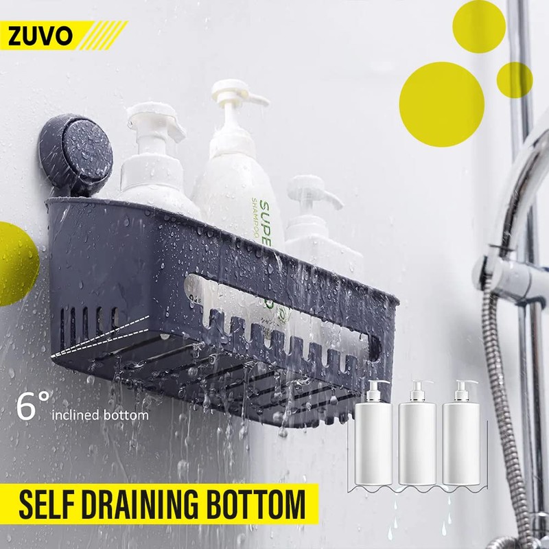 Zuvo Shower Shelf No Drilling with Suction Cups, Glue-Free Bathroom