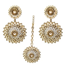 Boutique De Luxe, Zebar Antique Gold Tikka Set, Indian Jewelry Maang Tikka Set with Clear Stones, Indian Earrings for Women, Bollywood Jewelry for Women, Party Fashion Wear for Weddings and Parties