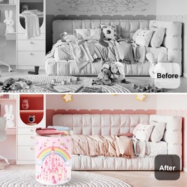 HUUMONSS Rainbow Unicorns Baby Laundry Hamper with Handle Collapsible Clothes Kids Storage Basket Pink Girls Gift Toy Box Bin for Nursery Room, Butterfly, 63L