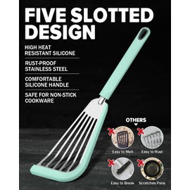 Silicone Fish Spatula Turner Set of 2, Thin Slotted Spatulas Turner for Nonstick Cookware,Heat Resistant Flexible Stainless Steel Kitchen Cooking Spatula Flipper for Fish, Egg, Pancake (RGN)