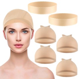koskusder 2 Pcs Light Brown Silicone Wigs Grip Bands with 4 Pcs Beige Stocking Wig Caps for Human Hair Wig Stretchy Nylon Wig Stocking Caps and Silicone Wig Band for Lace Front Wigs