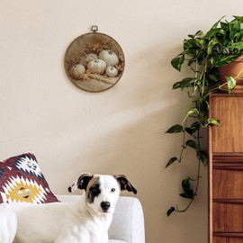 TLESKE Vintage Fall Pumpkins Round Wall Art Decor Framed 10x10, Autumn Rustic Farmhouse Canvas Wall Art Prints Artwork, Thanksgiving White Pumpkins Wall Hanging Room Door Decor for Living Room Bedroom