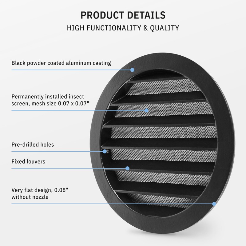 calimaero® WSGB 5" Inch Black Round Metal Air Vent Grill