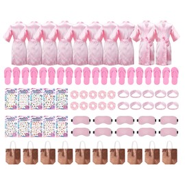 JIKAJA 70 Pieces Favors Slumber Spa Party Birthday Girl Silky Robe with Hair Band Slippers Hair Ring Nail Stickers Eye Mask Handbag (peach pink set of 10, 10)