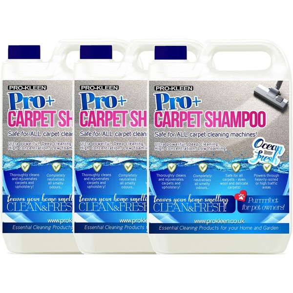 Pro-Kleen Pro+ Carpet and Upholstery Cleaning Solution – 4 in 1 Concentrate Carpet Shampoo – Suitable for All Machines 3 x 5L (Ocean Fresh)