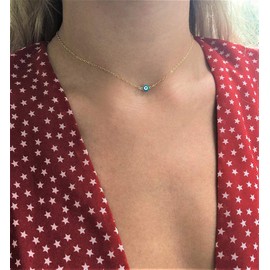 CAROVO Dainty Evil Eye Necklaces for Women 18K Gold Filled Minimalist Evil Eye Hamsa Hand Pendant with Tiny Cubic Zirconia Cute Turkish Protection Choker Necklace for Her, Brass, No Gemstone