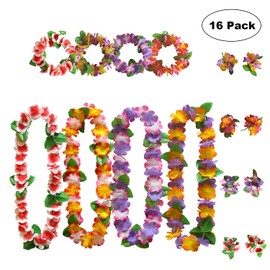 NITAIUN Pack of 16 Hawaiian Leis Garlands with 8 Bracelets, 4 Headbands and 4 Necklaces, for Tropical Theme Beach Party, Hawaiian Night Bar, Hawaiian Party Decorations (Colour Mix)