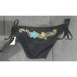 Rampage Women's XS Black w/Embroidered Flowers Side Tie Bikini Bottoms NWT