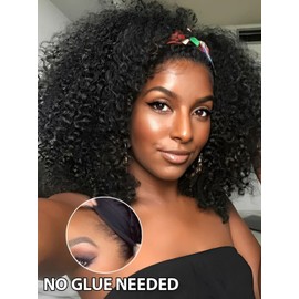 V SHOW Glueless Curly Headband Wig Human Hair 180% Density Thick Throw & Go Kinky Curly Headband Wigs for Women 20 Inch None Lace Front Wigs Wear and Go Glueless Human Hair Wigs