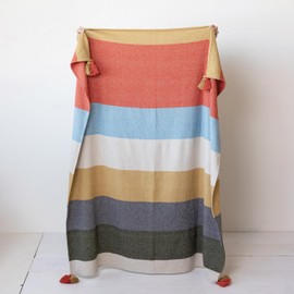 Creative Co-Op Woven Cotton Blend Throw with 8 Stripes and Tassels, Multicolor