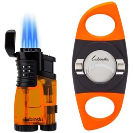 LUBINSKI Torch Lighter and Cutter Gift Set, Multifunction 3 Jet Butane Lighter with Punch, Security Lock, Top Lid with Stand, Stainless Steel 28mm Cutter with Stand (Yellow)