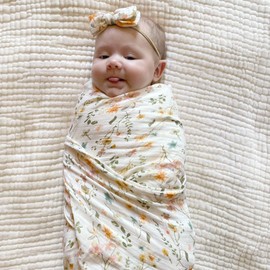 LifeTree Baby Muslin Swaddle Blankets for Boys & Girls, Newborn Swaddle Set with Matching Headband Bow, Neutral Infant Blanket Wrap, 47 x 47 inches, Floral Motif, 70% Viscose Bamboo and 30% Cotton