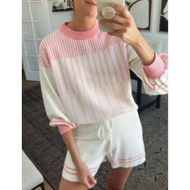 Gihuo Women' s Striped 2 Piece Outfits Crewneck Knit Pullover Sweater Shorts Set Wide Leg Matching Set Loungewear(White-M)