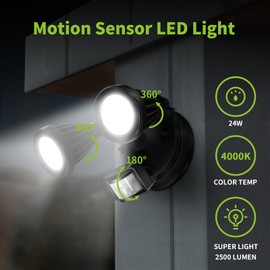 Freecam 2500LM Motion Sensor Outdoor Lights, Outdoor Flood Light with Double Head, 5000K, IP65 Waterproof Exterior Security Light for Garden, Garage, Porch (BK-2PACK)