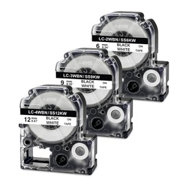 KAKASHI 6mm 9mm 12mm Tepra Tape Black Text on White Compatible King Jim Tepra PRO Tape Cartridge SS6K SS9K SS12K 3pcs KINGJIM Tepra PRO SR-MK1H- SR170 SR150 SR530 SR-GL1 SR45 Ao Label Writer Tape