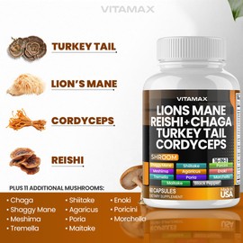 Vitamax Lions Mane Mushroom, Turkey Tail, Chaga & Reishi, Cordyceps Shiitake White Elm King Trumpet Nameko Oyster Porcini Focus & Energy - Made in USA (60 Capsules (Pack of 1))