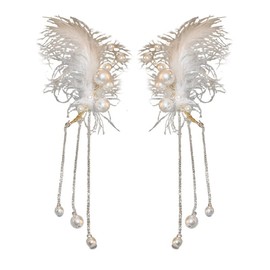 fdsmall Ear Cuff Earrings for Women Non Piercing Fairy Feather Ear Wrap Cuffs Pearl Tassel Cuffs Clip on Earrings Wedding Jewelry Accessories for Women(1Pair)