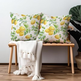Cryfox Yellow Lemon Pillow Covers 20x20 Set of 2 Spring Fruit Leaves and Floral Pillow Case Green White Watercolor Decorative Throw Pillows Summer Pillowcase Square Cushion Cover Decor for Sofa Bed