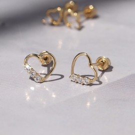 14K Yellow Gold Round Cubic Zirconia Three Stone Set Heart Screwback Stud Earrings