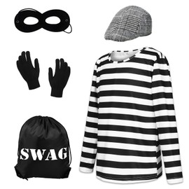 Suffolly Burglar Bill Costume 6PCS Set Boys Robber Costume with Swag Bag Robber Mask Burglar Fancy Dress Kids Thief Costume Kids World Book Day Costumes for Boys