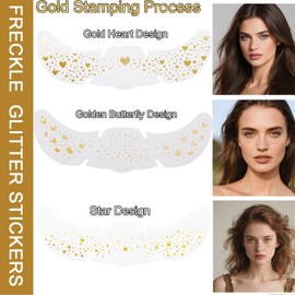 Glitter Freckles Face Tattoo-Waterproof Gold Face Fake Makeup Patches for Women Kids-Stars Moon Butterfly Spots-Temporary Sparkle Beauty, Concert,Carnival Party Cosmetic Glitter Accessories 6Pcs