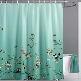 LIVETTY Ombre Green Bird Extra Long Shower Curtain 180cm × 200cm Drop Floral Butterfly Fabric Bathroom Mould Proof Spring Washable Shower Curtain With 12 Hooks