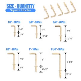 GLARKS GLLAFG-3 120-Pieces 6 Size Brass Plated Square Hooks Lag Thread Handy Hanging Hooks Assortment Set