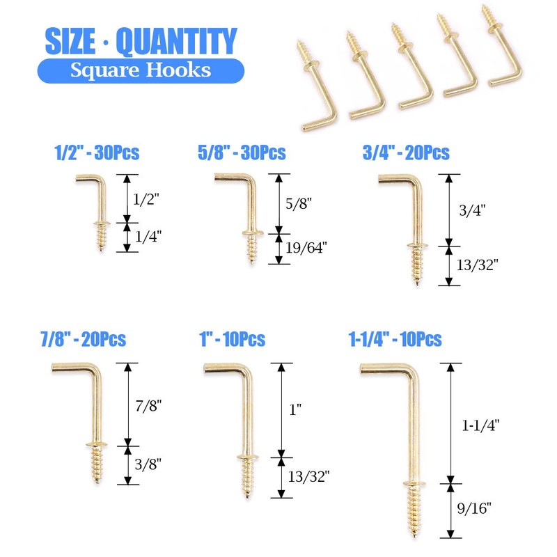 GLARKS GLLAFG-3 120-Pieces 6 Size Brass Plated Square Hooks Lag