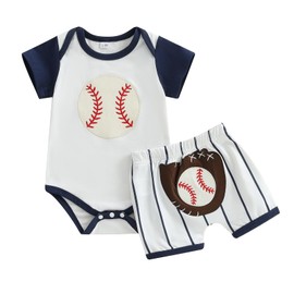 Bonangber Newborn Baby Boy Baseball Outfit Baseball Print Short Sleeve Romper Bodysuit Shorts Set Cute Infant Summer Clothes (White, 12-18 Months)