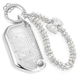 CTRINEWS for Jeep Key Fob Cover with Fashionable Zirconia Wristlet KeyChain, Enchanting Diamond Patterns Soft Case for Wrangler Rubicon Gladiator JL JLU Flip (4 buttons) Shell (White, C)