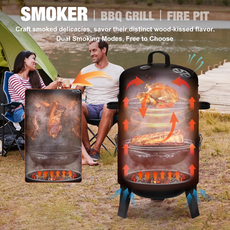 GRiliFE 16" Charcoal Smoker, 3 in 1 Heavy Duty Vertical